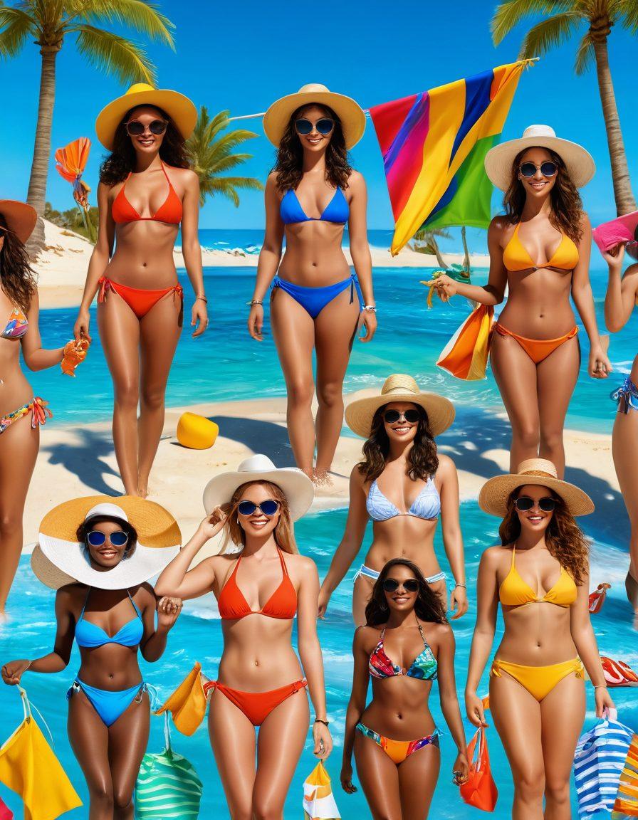 A stylish beach scene featuring diverse women of different body types showcasing various bikini styles, surrounded by colorful beach accessories like hats, sunglasses, and towels. The background includes a clear blue ocean and golden sandy beach with palm trees. Emphasize vibrant colors and joyful expressions to capture the essence of a beach lifestyle. bright and cheerful. super-realistic. vibrant colors. 3D.